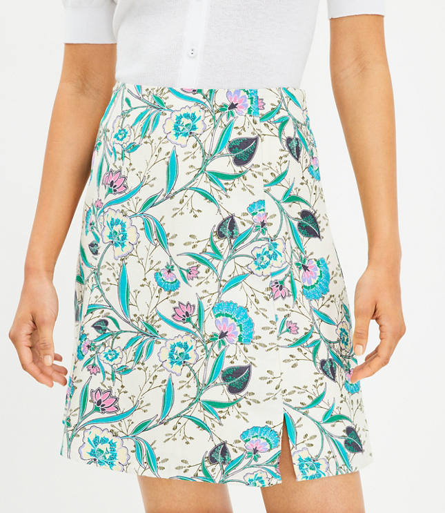 Floral Side Slit Linen Blend Skirt