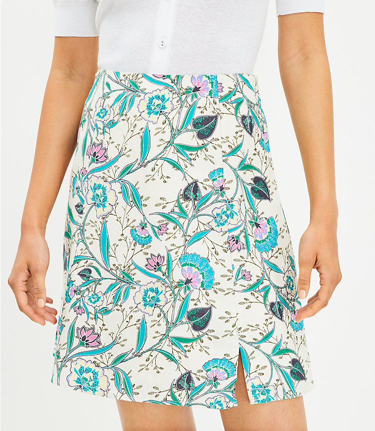 Floral Side Slit Linen Blend Skirt image number 1