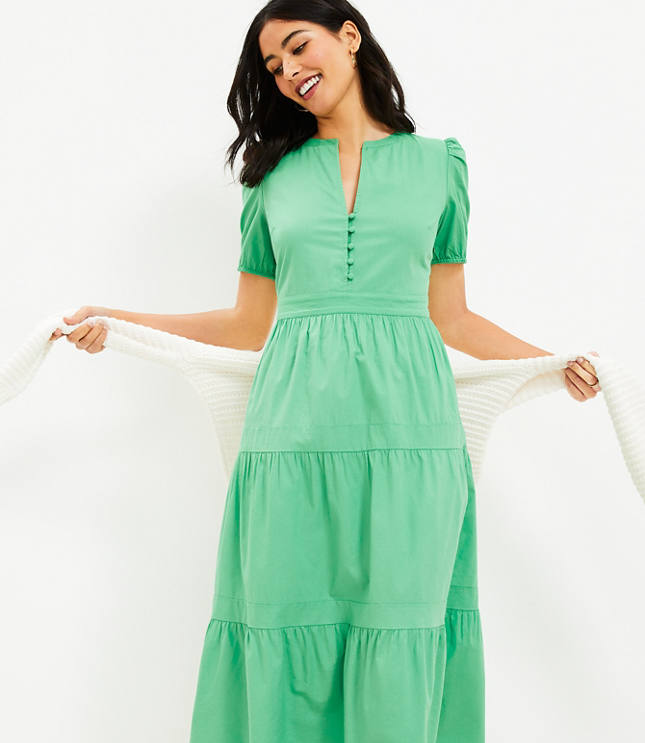 Puff Sleeve Tiered Midi Dress