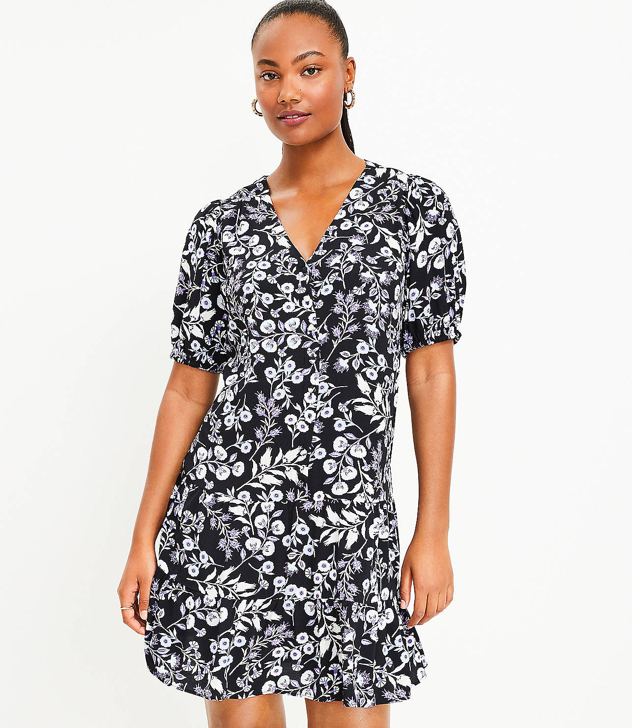 Floral Puff Sleeve Button Swing Dress