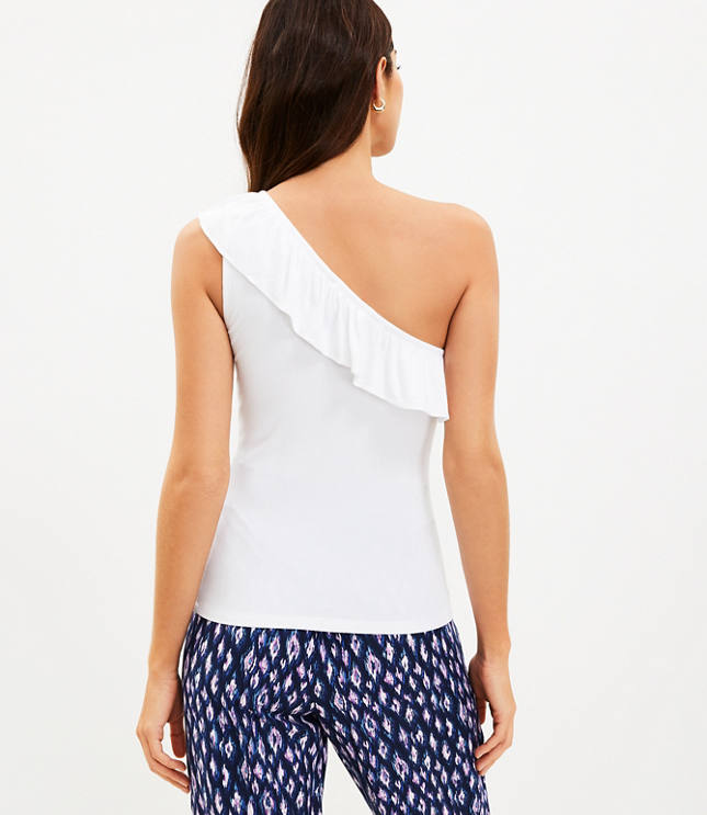 Ruffle Ribbed One Shoulder Tank Top - White