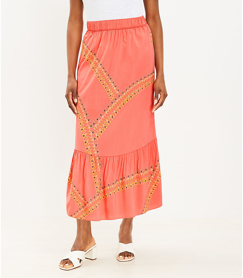 Embroidered Tiered Midi Skirt