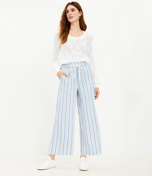 Tall Pull On Wide Leg Pants in Shimmer Stripe Linen Blend - White