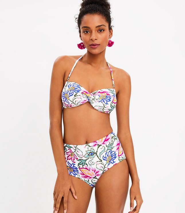 LOFT Beach Floral Shirred Twist Bandeau Bikini Top