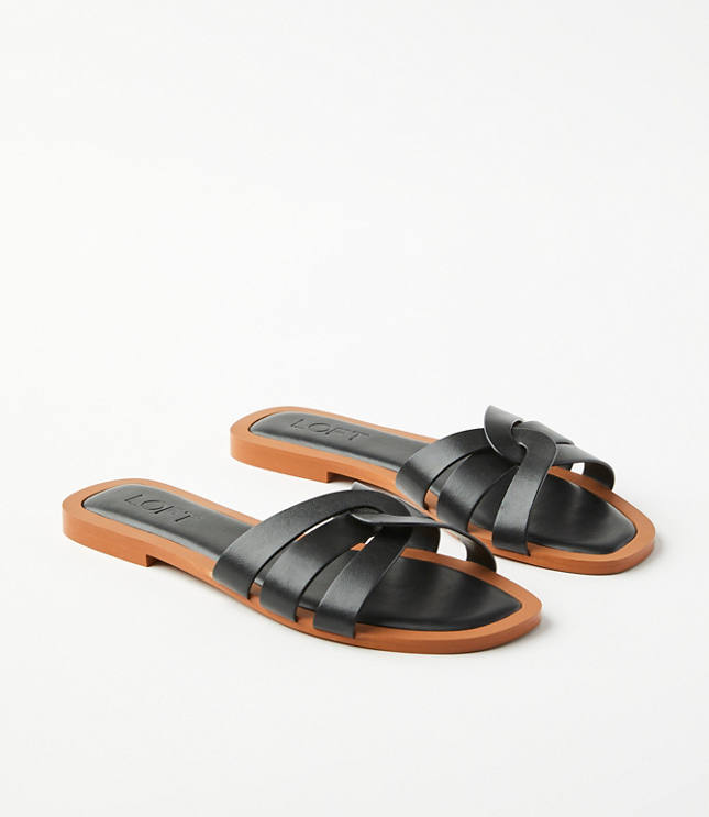 Strappy Leather Slide Sandals - Black