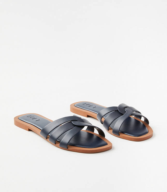 Strappy Leather Slide Sandals - Navy