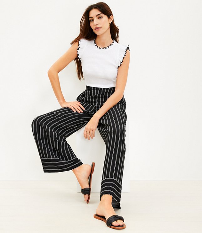 Striped Silhouette: Wide leg pants, Lace-up wedges & Textured tote
