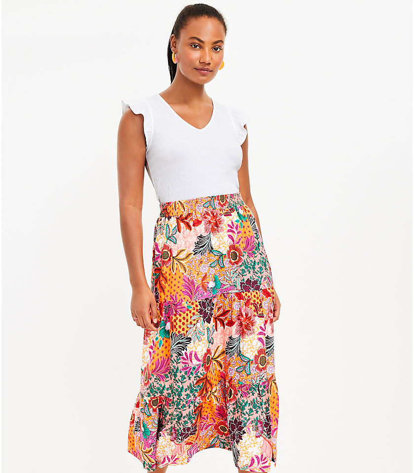 Patchwork Bloom Tiered Slit Maxi Skirt