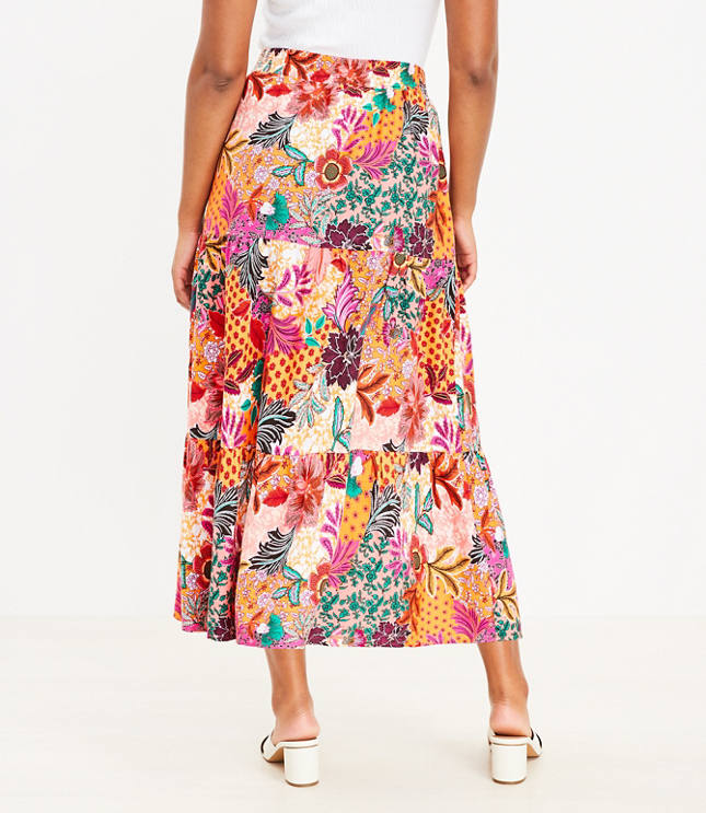 Patchwork Bloom Tiered Slit Maxi Skirt