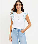 Eyelet Flutter Henley Mixed Media Top carousel Product Image 1