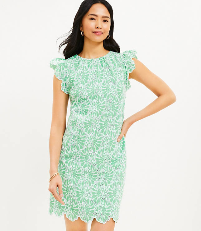 Eyelet Flutter Sleeve Shift Dress