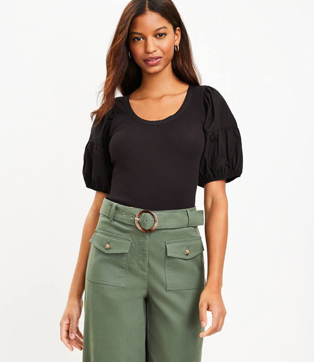 Petite Cozy Ribbed Puff Sleeve Top