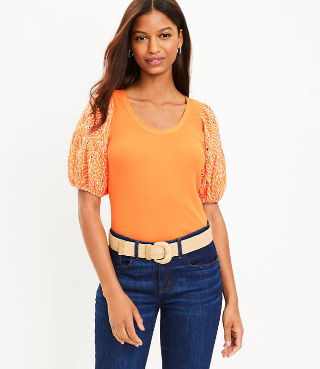 Eyelet Puff Sleeve Mixed Media Top