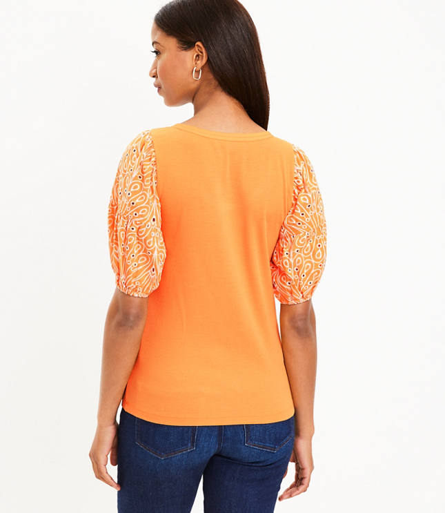 Eyelet Puff Sleeve Mixed Media Top