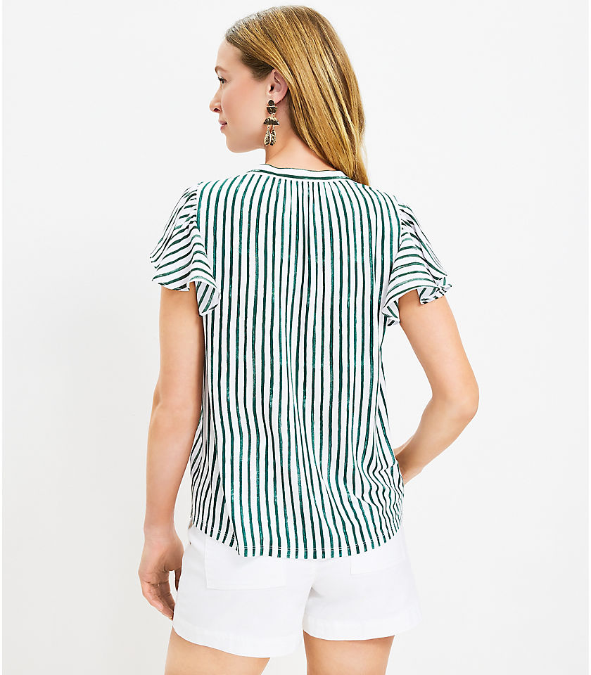 Striped Flutter Tie Neck Mixed Media Top