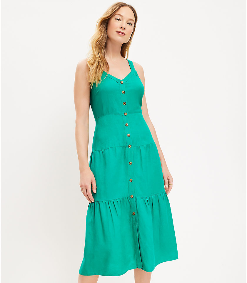 Linen Blend Strappy Button Tiered Midi Dress