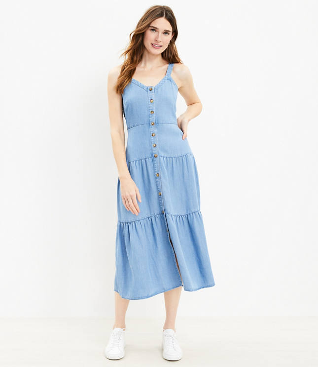 Tiered Trapeze Dress in Chambray