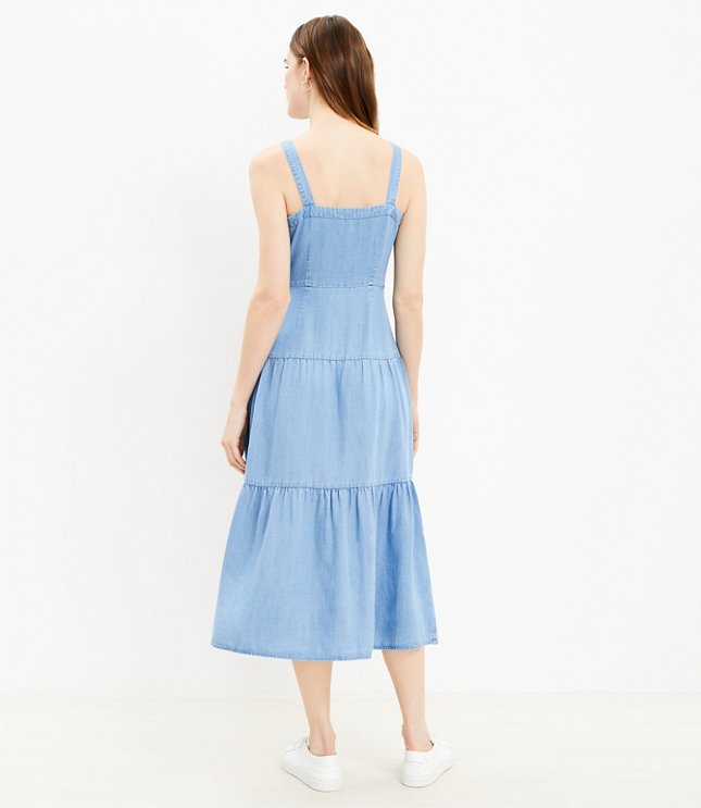 Chambray Strappy Tiered Button Midi Dress