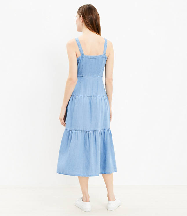 Chambray Strappy Tiered Button Midi Dress