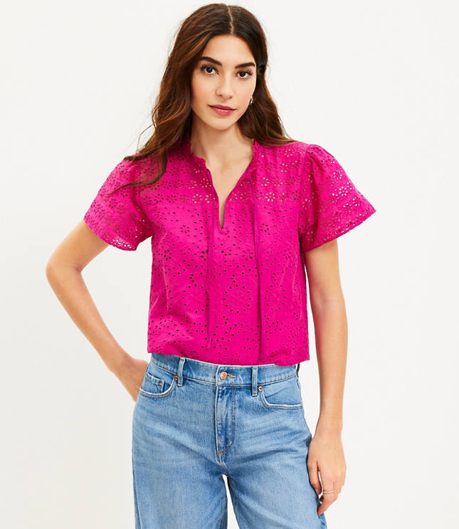 Ann Taylor Petite Mixed Media Eyelet Ruffle Trim Top Blouse Pink