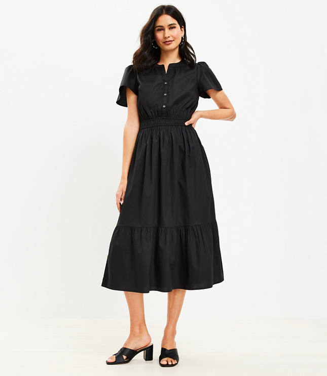 Black Tiered Midi Length Shirt Dress