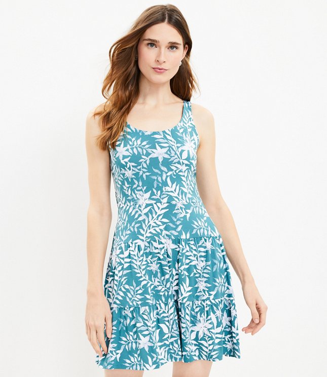 Leafed Strappy Tiered Swing Dress