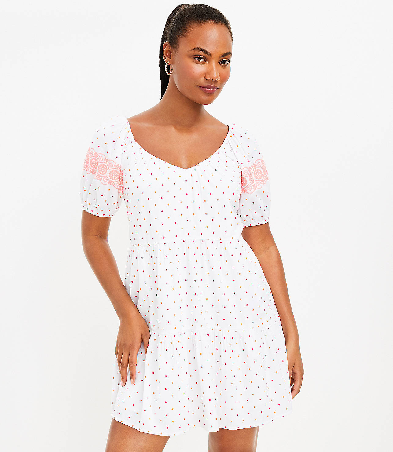 Dot Embroidered Tiered Swing Dress