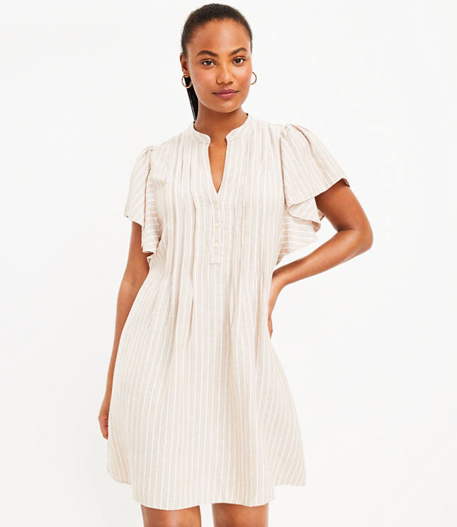 Striped Pleated Ruffle Sleeve Swing Dress