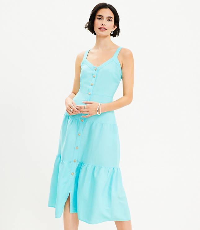 Linen Blend Strappy Button Tiered Midi Dress