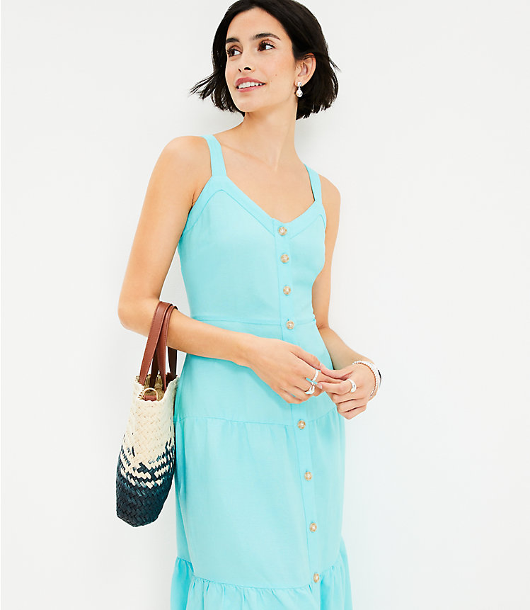 Linen Blend Strappy Button Tiered Midi Dress image number 1