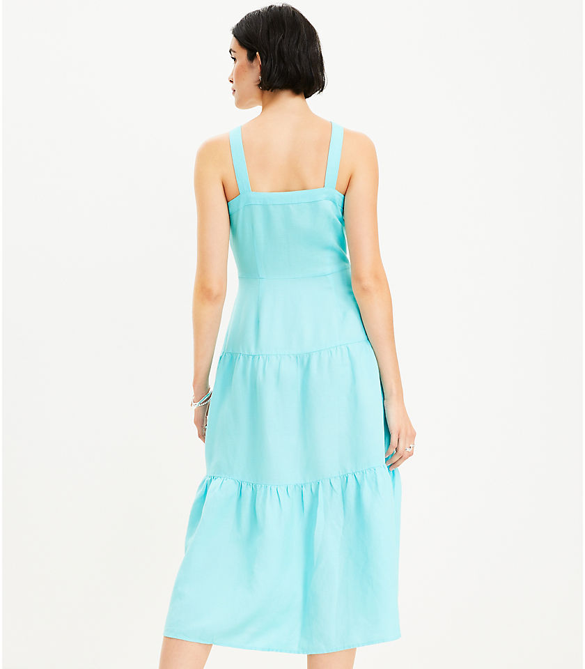Linen Blend Strappy Button Tiered Midi Dress