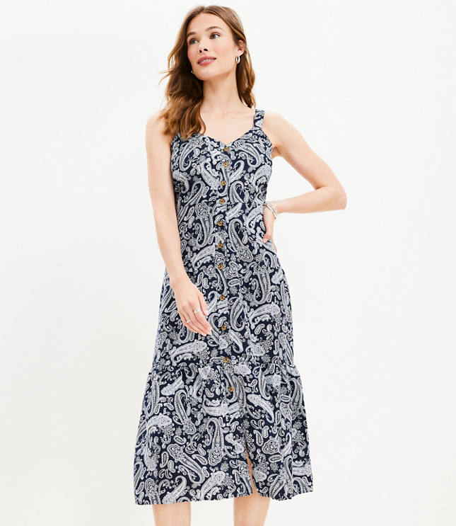 Paisley Linen Blend Strappy Button Tiered Midi Dress