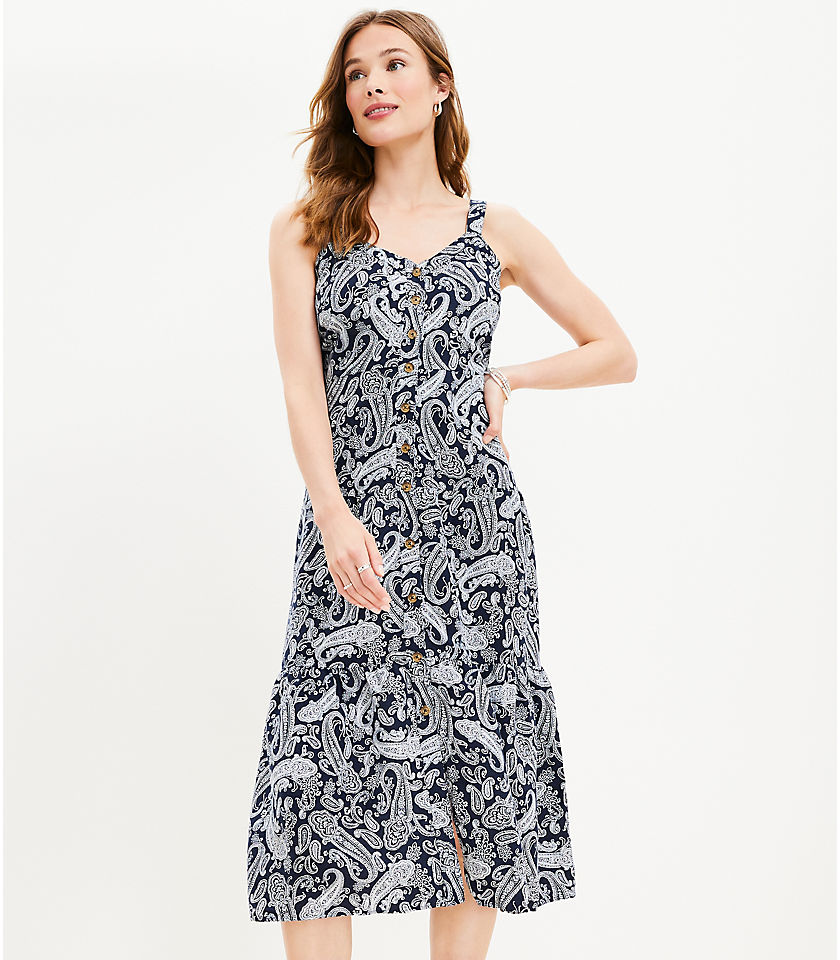 Paisley Linen Blend Strappy Button Tiered Midi Dress
