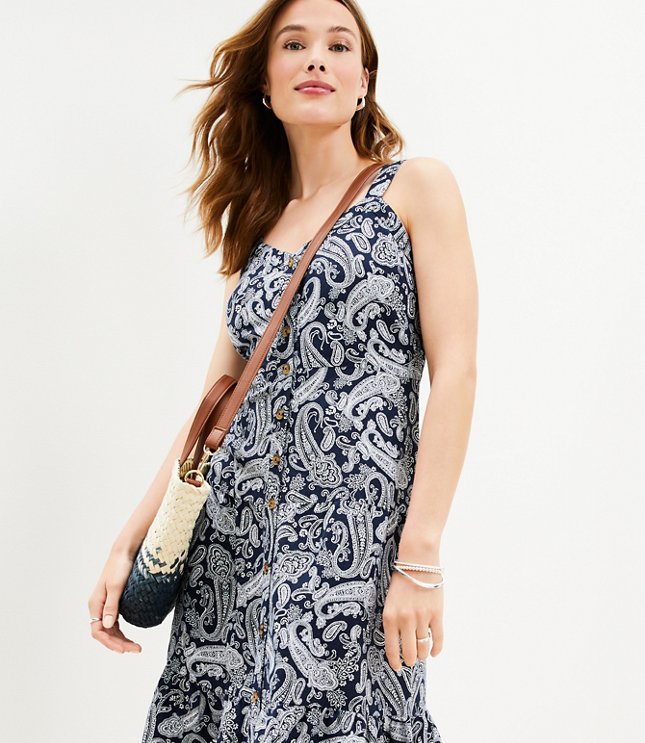 Paisley Linen Blend Strappy Button Tiered Midi Dress