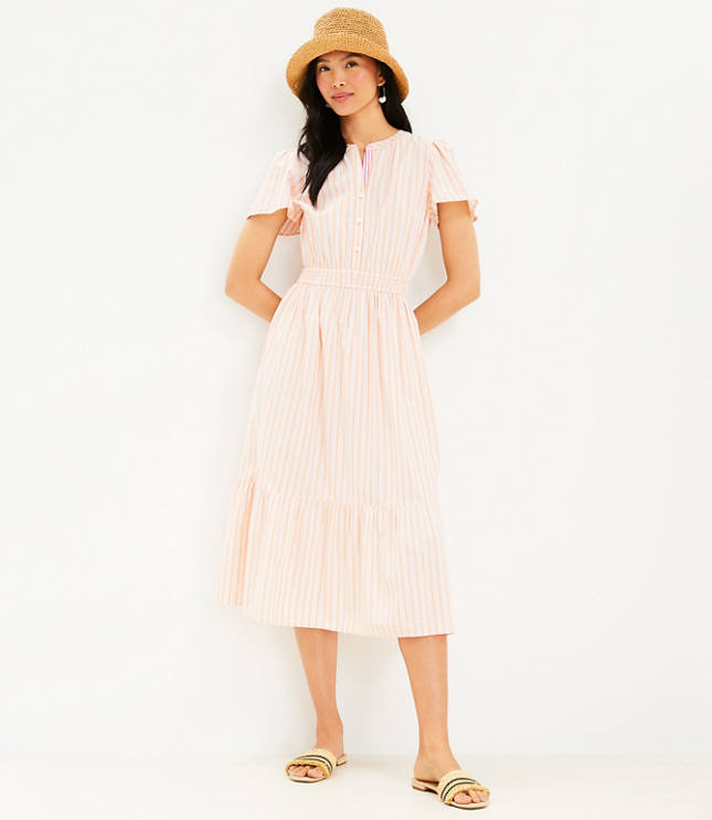 Stripe Smocked Waist Button Midi Dress