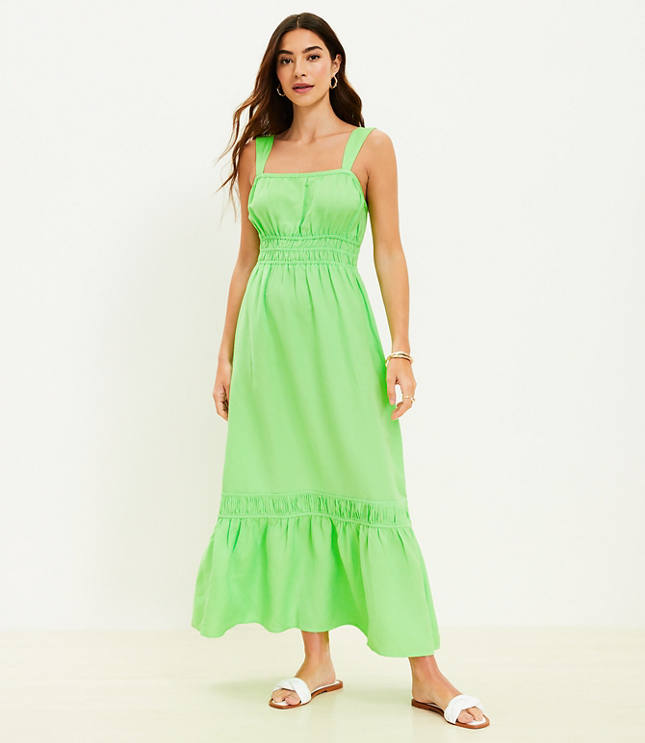 Linen Blend Shirred Flounce Maxi Dress