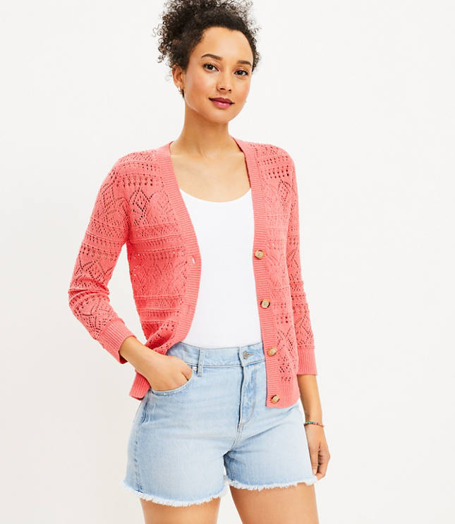 Coral Pointelle Button Down Cardigan