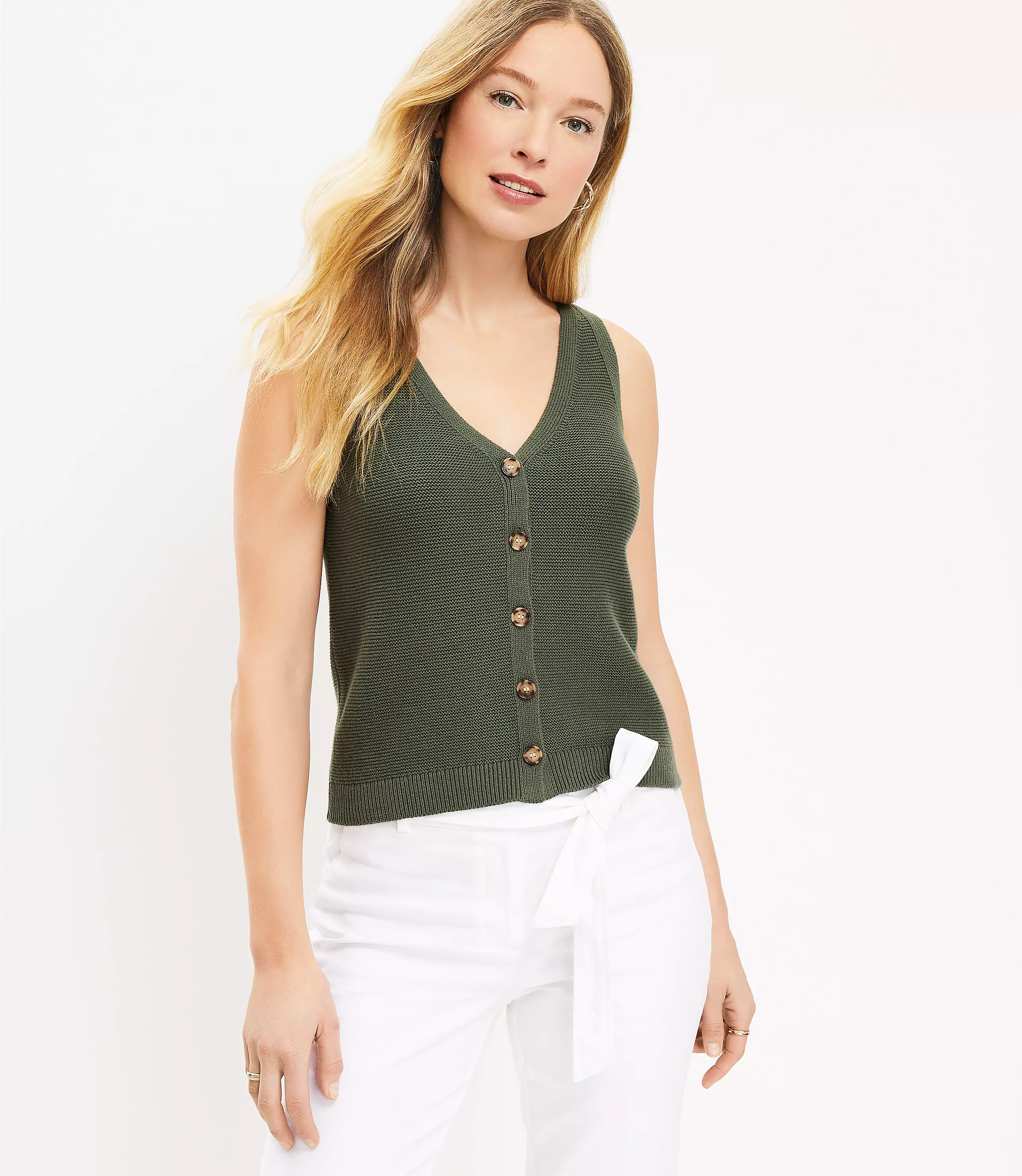 Button V-Neck Sweater Tank Top