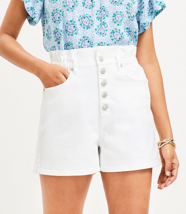 Button Front High Rise Paperbag Pull On Denim Shorts in White