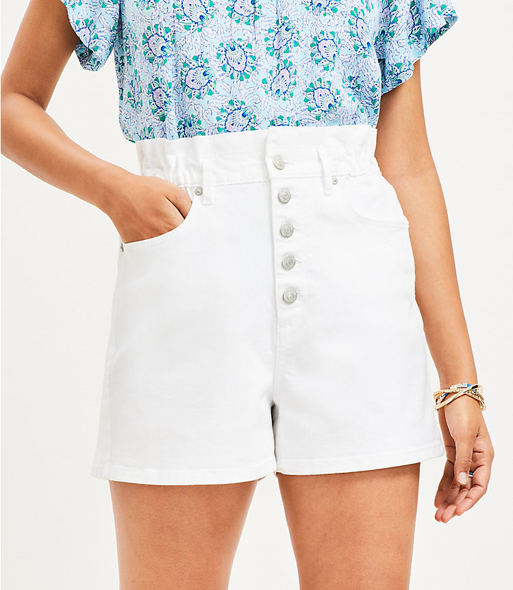 Button Front High Rise Paperbag Pull On Denim Shorts in White image number 1