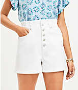 Button Front High Rise Paperbag Pull On Denim Shorts in White carousel Product Image 2