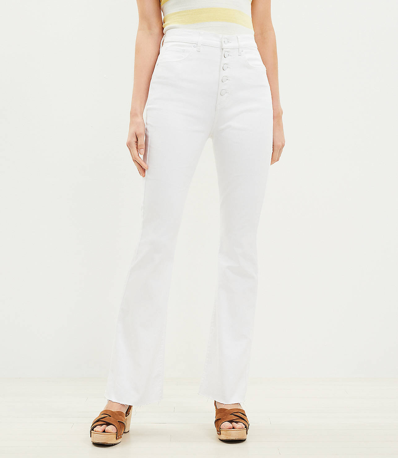 Curvy Button Front Fresh Cut High Rise Slim Flare Jeans in White