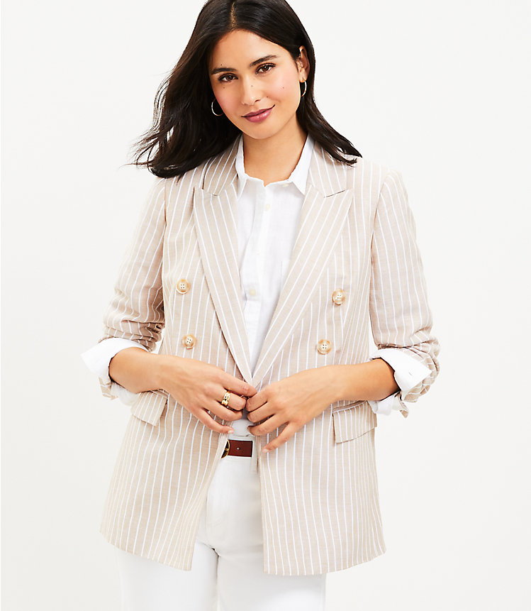 Striped Linen Blend Double Breasted Blazer image number 1