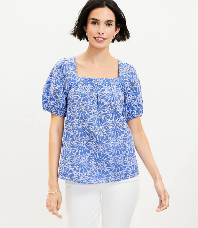 Eyelet Bubble Sleeve Square Neck Top