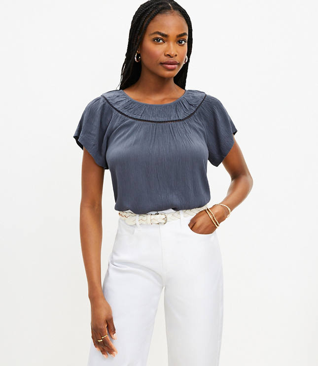 Cutout Yoke Flutter Sleeve Mixed Media Top