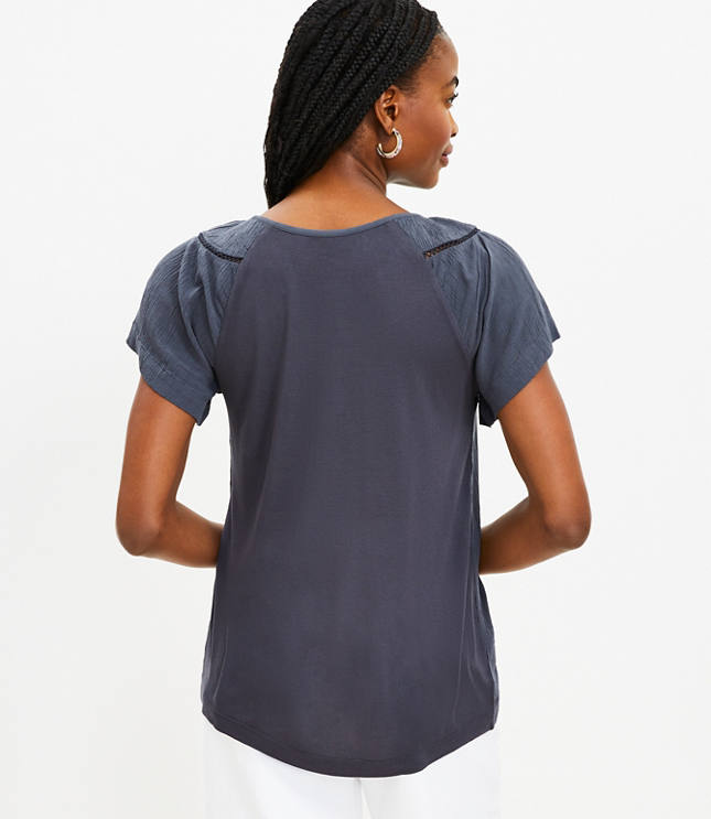 Cutout Yoke Flutter Sleeve Mixed Media Top