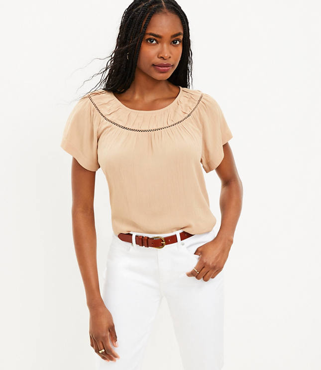 Cutout Yoke Flutter Sleeve Mixed Media Top
