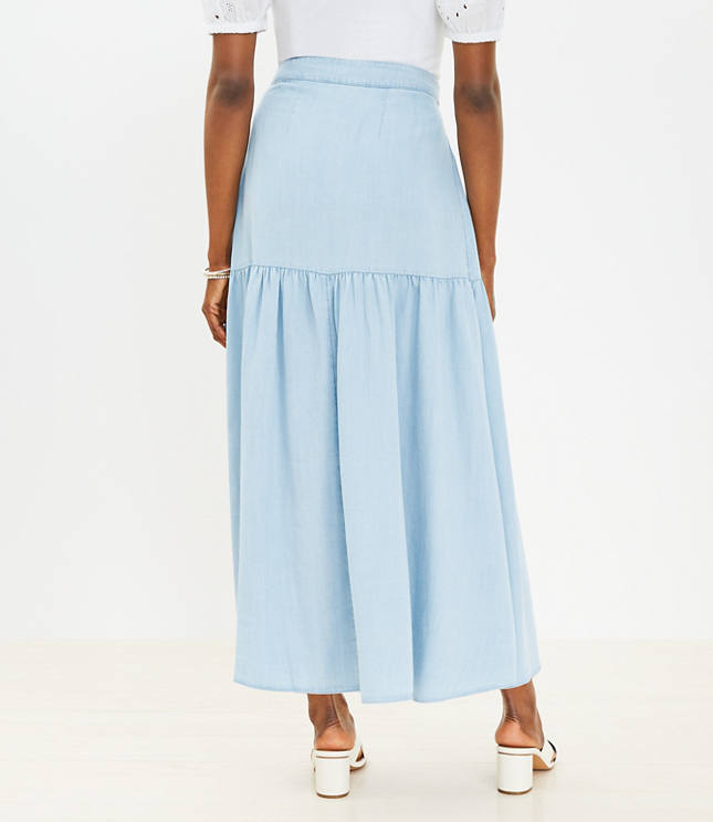 Chambray Ruffle Wrap Maxi Skirt