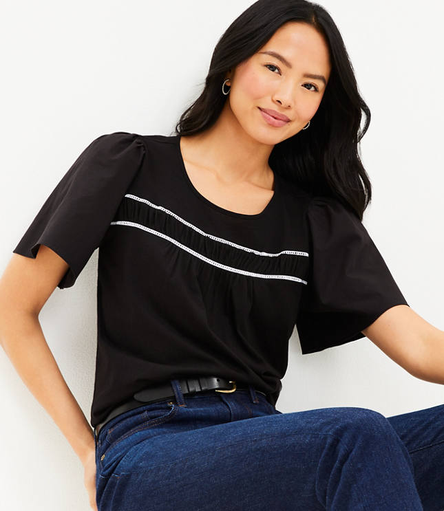 Cutout Flare Sleeve Mixed Media Top