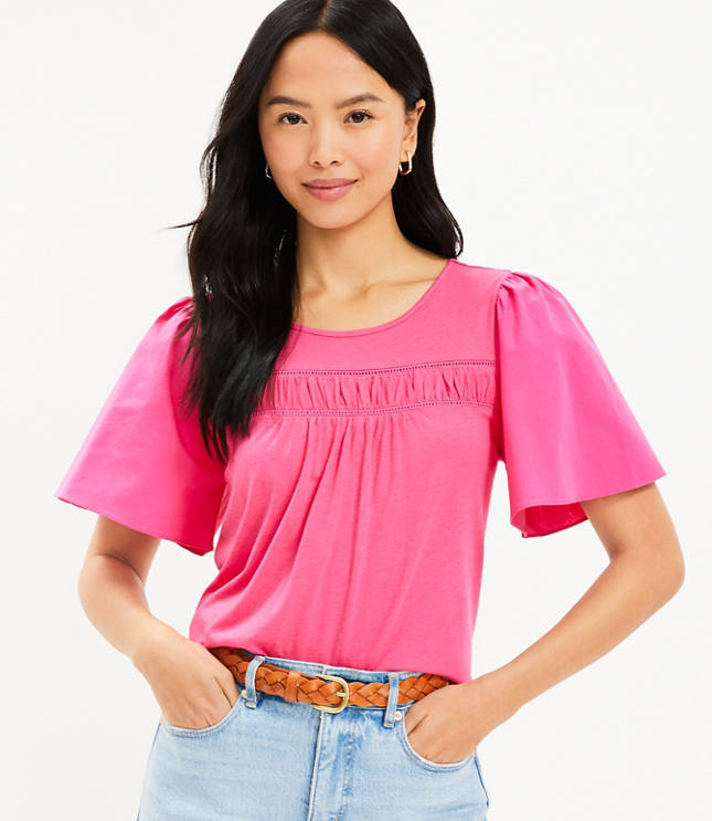 Cutout Flare Sleeve Mixed Media Top